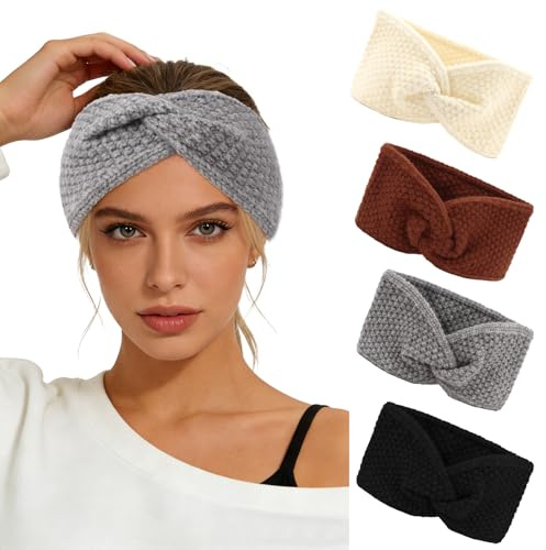 Norbiariz 4PCS Winter Knotted Knitted Headbands, Ear Muffs for Women, Thickened Cable Knit Ear Warmers for Cold Weather, Outdoor Sports and Daily Styling
