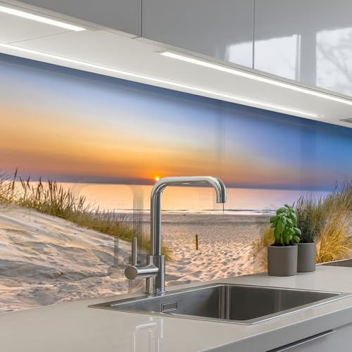 KitchenYeah© Küchenrückwand Selbstklebende Kitchen Wall Protector Küchen | 60x200 cm - Rückenwand Küchenfronten Küchenrückwände Küche Wand Düne - Sonnenuntergang - Horizont - Strand - Gras