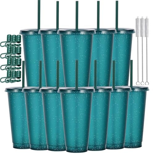 CuppaLifes 12 Pack Reusable Plastic Cups with Lids and Straws, 710ml Cold Tumbler Cups for Slushie and Drinks, Party Cups for Adults Travel Beach Picnic Birthdays (12, Glitter Dark Green)