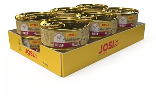 JosiCat Finest Mousse mit Rind | 12x 85g | Feinstes Katzenfutter nass | Adult | Nassfutter für ausgewachsene Katzen | Saftiges Geschmackserlebnis mit feinem Rind | getreidefrei | powered by JOSERA