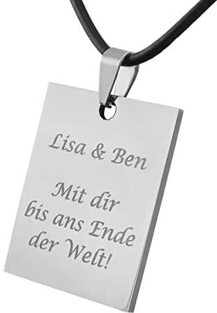 Hanessa Personalisierte Kette mit Gravur Edelstahl mit Kunst-Lederkette 48 + 5 cm mit Anhänger Rechteck Schild in silber - Personalisierte Halskette für Männer Frauen - Personalisierter Schmuck