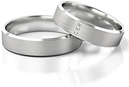 JC Trauringe Gold 585 Paarpreis Weißgold I Traumhafte Eheringe breit 5 mm I Einzigartige Partnerringe mit Gravur in edler Schatulle I 2 Hochzeitsringe Herrenring & Damenring mit Steinen I PL268