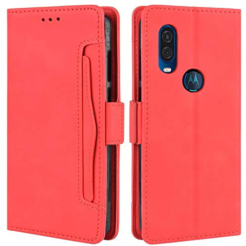 HualuBro Handyhülle für Motorola One Vision Hülle Leder, Flip Case Cover Klapphülle Handytasche Schutzhülle für Motorola Moto One Vision Tasche (Rot)
