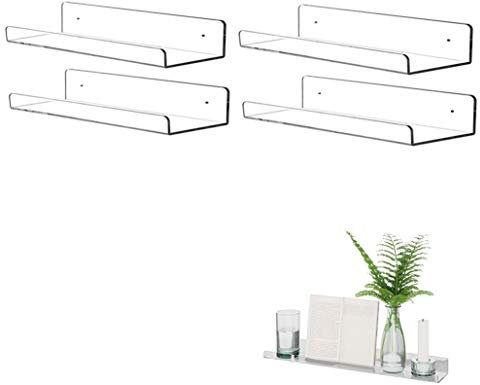 KITE-RUNNER Floating book shelves for kids room,Clear Acrylic Floating Shelves Display Ledge,Clear Acrylic Floating Wall Shelves,Invisible Kids Bookshelf and Small Toy Storage (4 Pack,30cm)