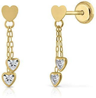 Boucles d'oreilles en or véritable pour fille ou femme, modèle chaînes avec cœurs en zircone de haute qualité. Fermoir à vis ou à pression.