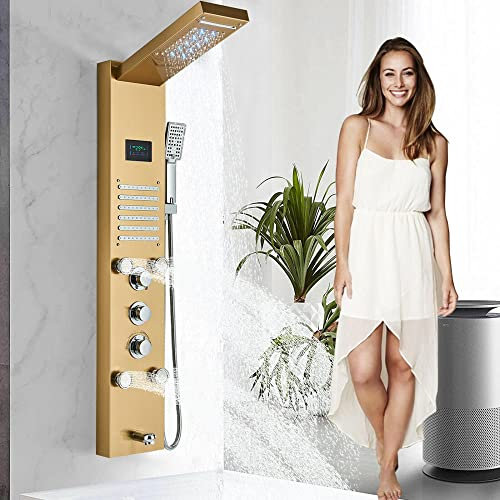 Huin Système de buse de massage de tour de panneau de douche étanche à la pluie et cascade LED colonne de douche dorée en acier inoxydable