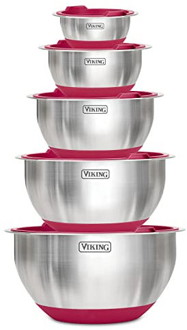 Viking Mixing Bowls Set, 10 Piece Stainless Steel Kitchen Cookware, Non-Slip Silicone Base, Includes Tight Fit Lids, Dishwasher Safe, Red