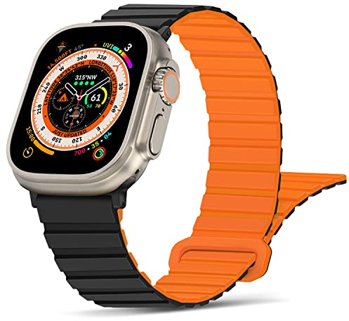 Tasikar Kompatibel mit Apple Watch Armband 49mm 46mm 45mm 44mm 42mm, Silikon Magnetverschluss Loop Ersatzarmband für iWatch Ultra SE Series 10 9 8 7 6 5 4 3 2 1 (Schwarz Orange)