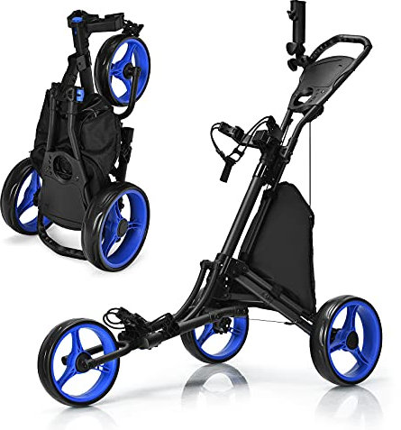GOPLUS Chariot de Golf Pliable à 3 Roues, 4 Positions de Hauteur Réglables, Cadre en Alu, Porte-ombrelle Réglable, Sac Étanche, Frein à Pied, 121 x 70 x 116 CM, Bleu