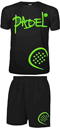 Vestipassioni Padel personalisierbares T-Shirt und Shorts, schwarz, 5 Größen erhältlich und 5 Druckfarben, für Wettkampf und Training, SchwarzGrün, XL
