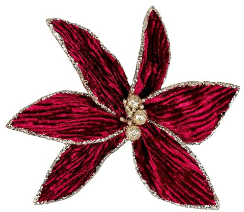 SHATCHI 6Pcs -16cm Deluxe Christmas Glitter Poinsettia Burgundy Gold Velvet Artificial Flowers with Metal Clips Christmas Tree Decorations Wedding New Year Ornaments