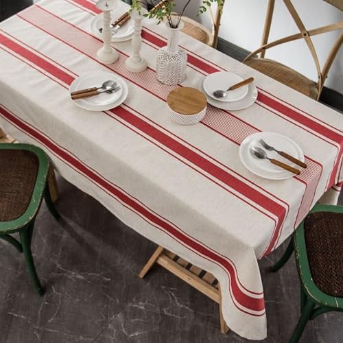 Vintage französische rot gestreifte Baumwoll-Leinen Tischdecke, waschbar, wiederverwendbar,für Küche, Esszimmer, Bauernhaus, Tischdekoration (142 x 220 cm)