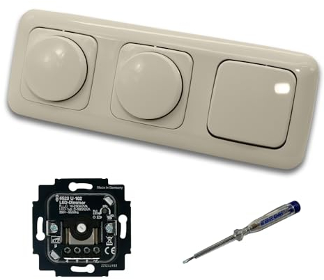 Busch Jäger 6523U-102 (2 x) LED Drehdimmer Dimmer + Dimmerscheiben 2115-212 und Lichttaster 2020 US in DURO2000 cremeweiß glänzend inklusive EBROM Phasenprüfer zur Montage der Geräte 6523 U – 102