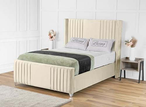 Living Comfort Bedz - Elisa Wingback Bed - Vertical Headboard Bed - Solid Black Board Base - Plush Velvet Bed - Black Solid board No Gas Lift (Cream, Small Double No storage with black board base)
