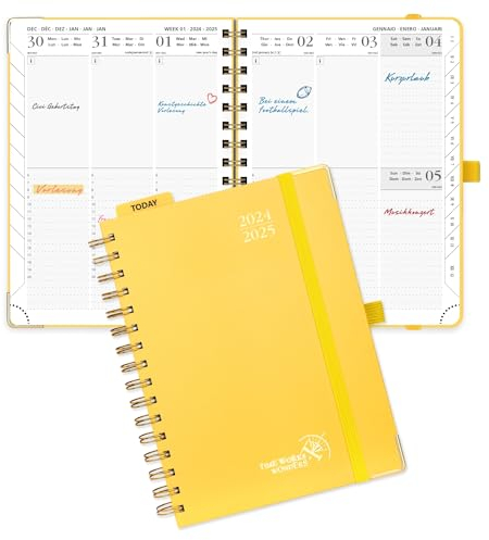 POPRUN Kalender 2025 Buchkalender (Aug.2024-Dez.2025) Ringbuch mit Hardcover, ca. A5 (21,5 x 16 cm), 17-Monate-Terminplaner, Wochenplaner 2025 mit Plastiklineal - Hellgelb