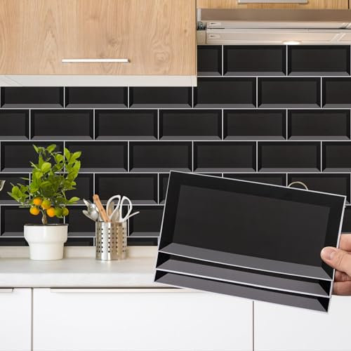 Decoroom Tile Stickers Black 12pcs/10x20cm Brick Self Adhesive Wall Tiles Vinyl Peel and Stick Waterproof DIY Home Decor Stick on Tiles Transfers Kitchen Bathroom Backsplash