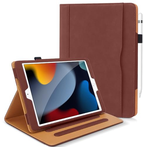DAORANGE Cover per iPad 9a / 8a/ 7a Generazione 10,2 Pollici 2021/2020/2019, Custodia in Pelle PU con Portapenne, Tasca Documenti, Funzione di Sveglia/Sonno Automatica (Marrone)