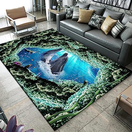 3D Modern Cartoon-Delfin-Unterwasserwelt Kinder Jungen Teppich Schlafzimmer Dekorativ Kinderzimmer Wohnzimmer Matten Krabbelmatte Weichem Flanell Kinderteppiche 140 X 200 cm - Leicht Zu Rein -0V7O-W9