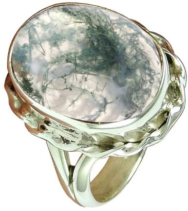 Natural Moss Agate Gemstone Oval Ring, Solid 925 Sterling Silver Handmade Jewelry for Women, Solitaire Ring, Beautiful Gifts for Girlfriend Mom Wife Size 7.5