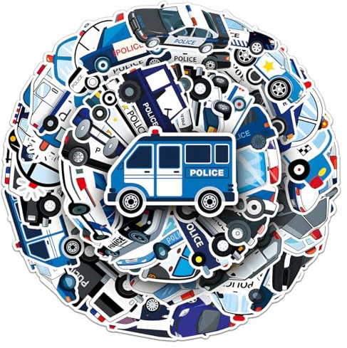 50 Stück Polizeiauto Aufkleber Set, Wasserfeste Polizeiautos Sticker, Polizeiwagen Aufkleber, Kreatives DIY für Laptop Mobiltelefone Skateboard Gepäck etc, Geeignet für Erwachsene und Kinder