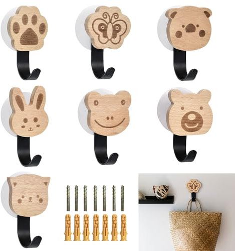 DKEROSS 7 Pièces Crochets en Bois, Patère Murale Adhesif et à Visser pour Chambre Enfant, Porte Manteau pour Salon, Cuisine