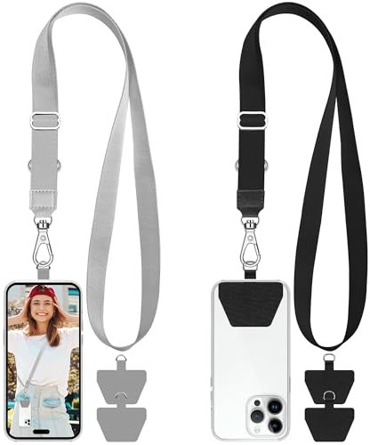 takyu 2 Pcs Adjustable Phone Lanyard Neck Strap, Universal Mobile Phone Lanyard with 4 Adhesive Tethers, Compatible for iPhone, Samsung, HUAWEI and Most Smartphone Black & Grey