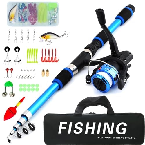 Set da Pesca per Bambini 1,8 m - Canna Telescopica in Fibra di Carbonio Con Mulinello, Esca e Accessori - per Età 3-10 Anni (Blu)