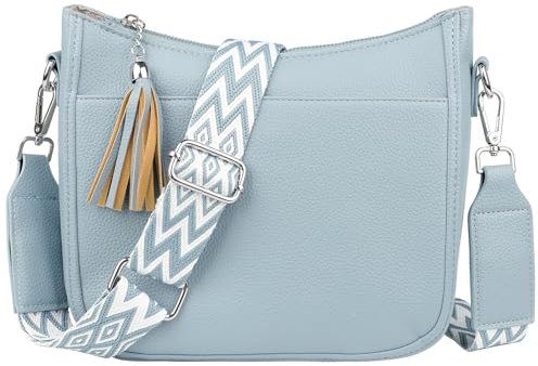 TaoQ C Umhängetasche Damen Leder Handtasche Mittelgroß Crossbody Bag Mit Breitem Schultergurt für Damen, Blau