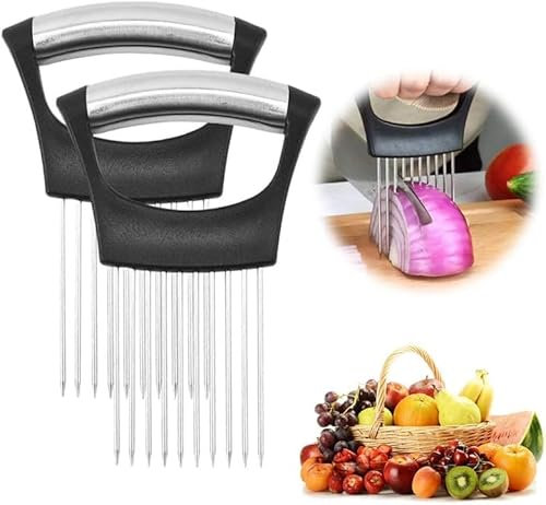 2024 Upgraded Onion Holder for Slicing, Stainless Steel Slice Holder, Lemon Slicer, Vegetable Slicer, Cutting Tool for Meat, Potato, Tomato (Pack of 2)