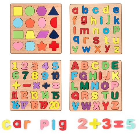 Hojalis Wooden Alphabet Puzzle, 4 Pcs ABC Letters & Numbers & Shapes Puzzle Board for Early Learning, Wooden Learning Puzzles, Montessori Toys Educational Toys for Boys Girls