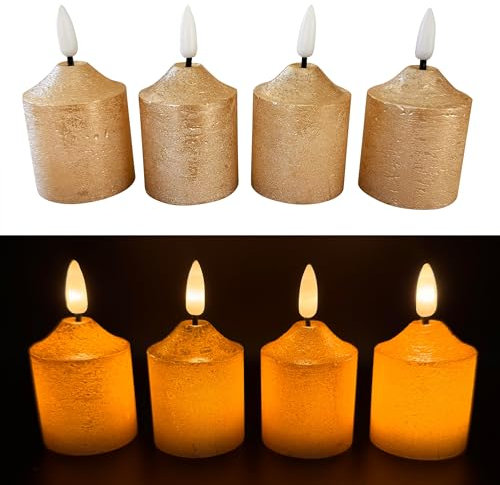 Online Fuchs 4er Set LED-Votivkerzen, Teelichter XL aus Echtwachs mit Timerfunktion im Metallic-Look und realistischer Flamme - 9 cm groß (Champagner)