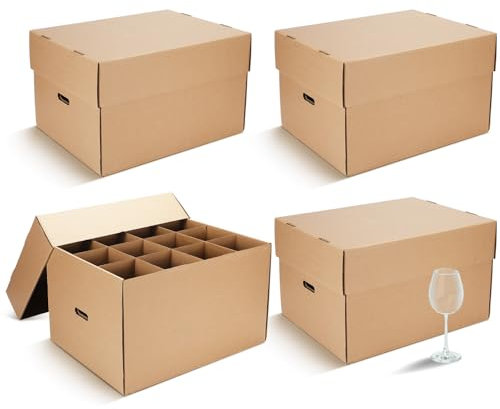Feifeiya Weinglas-Umzugskartons mit Griff, Küchenset mit Deckel für Geschirr, Glaswaren, Braun, 50,8 x 38,1 x 30,5 cm, 4 Stück