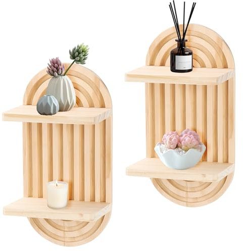 BlyeMichdi Wandregal Holz Boho Wanddeko,2 Stück Doppelschicht Boho Wanddeko Regenbogen Wandregale,Wandbehang Deko Regal Wand,Moderne Wandboard Deko Wohnzimmer Schlafzimmer (Natur)