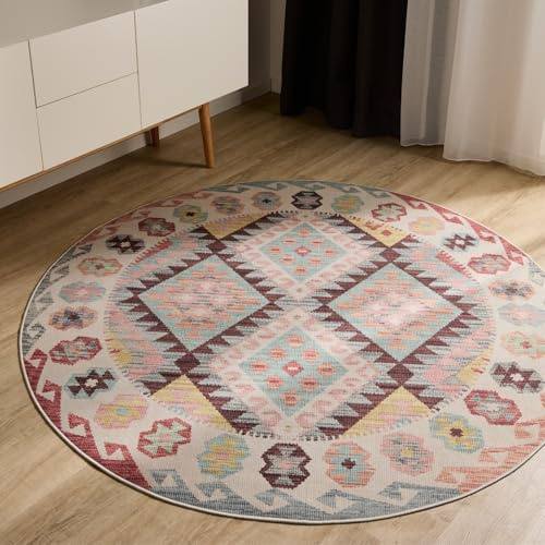 benuta Basic Waschbarer Teppich George - Multicolor 120 cm rund - Kunstfaser - rund & im Style: Kelim, Ethno-Style, Shabby Chic - Pflegeleicht für Wohnzimmer Schlafzimmer