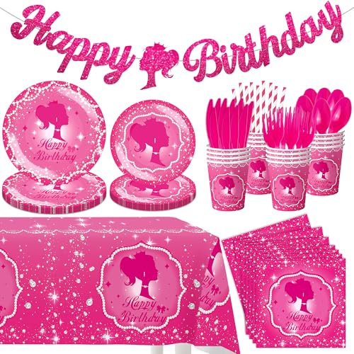KULUJIA 162PCS Hot Pink Happy Birthday Party Supplies Set, Paper Plates, Cups, Napkins, Utensils, Tablecloth, Serves 20
