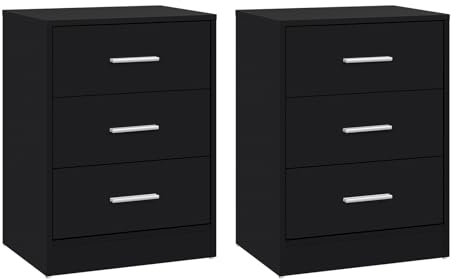 WOLTU Nachttisch 2er Set, Nachtschrank mit 3 Schubladen, Beistelltisch schwarz, Nachtkommode, Kommode Schlafzimmer Wohnzimmer, 39x54x28 cm, NTS26sz-2