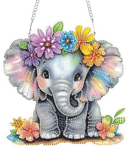 GHHKUD Diamond Painting Fensterbilder Beidseitige, Diamond Painting Elefanten Blumen Anhänger mit Kette, Diamant Painting Bilder Kristall Malerei Anhänger, Wandbehang Kits für Fenster Wand Decor