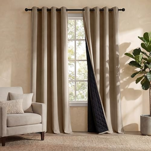 PONY DANCE Rideaux Isolant Thermique - Rideau Matelassé 100% Occultant Anti-Froid/Chaleur Anti-Bruit pour Fenetre Salon Chambre Porte, Tissu Opaque a Oeillets, Lot de 2, L140xH220CM, Taupe Marron