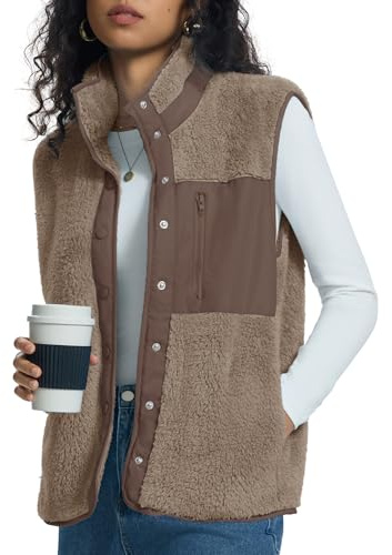 Kistore Gilet in pile da donna, con bottoni, colletto alla coreana, senza maniche, con tasche, S-XL, cachi, S