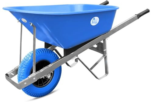 Equimed Garden Wheelbarrow - Large Trolley with 160L Plastic Bucket, Puncture-Proof PU Wheel, Galvanised Frame (Blue, Single Wheel)