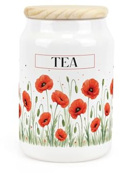 Summer Poppies Tea Canister - Red & Green Floral Homeware Gifts - Refillable Ceramic Storage Container & Wooden Lid 600ml (14.5cm x 9.5cm)