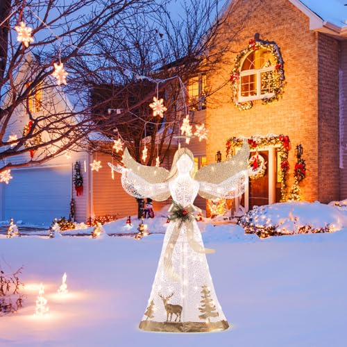 GOPLUS Weihnachtsfiguren beleuchtet, 150 cm Weihnachtsengel, Engel Deko mit 105 warmweißen LEDs, Weihnachtsdekoration mit Heiligenschein, Schleife & Flügeln, Weihnachtsdeko für Balkon, Hof, Garten