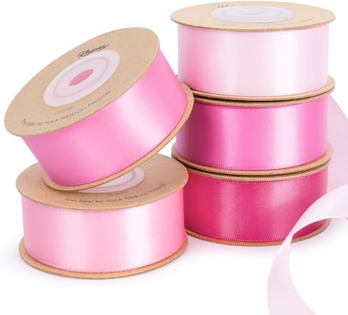 Keypan Satinband Rosa Geschenkband & Schleifenband 25mm x 45,7m | Breites Set für Hochzeitsdeko, Valentinstag, Party, Geschenkverpackung, 5 Rollen à 9,14m
