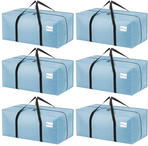 Dntorx 6 Stück 120L Aufbewahrungstasche Groß, Umzugskartons Hellblau | Wasserdicht, 150 lb Tragkraft, Verstärkten Reißverschlüssen und Griffen, Faltbar, Etikettentasche, L-förmige große Öffnung