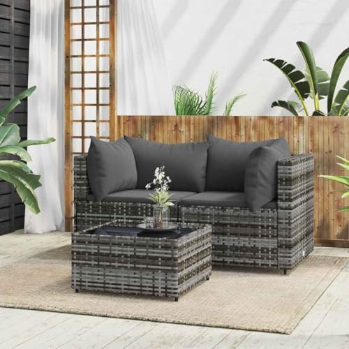 Frdhee Lounge Gartenmöbel Sofa, 3-TLG. Garten-Lounge-Set mit Kissen Grau Poly Rattan für Innen und Außen