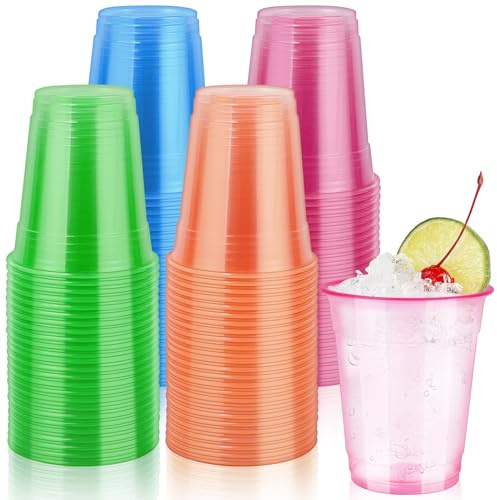 Tczecoo 100 Stück Bunte Hartplastik Partybecher, 350ml Mehrweg, 4 Farben | Leuchtende Neon Trinkbecher, Wiederverwendbar Trinkbecher für Party Cocktail Events, 350ml Mehrweg Partybecher