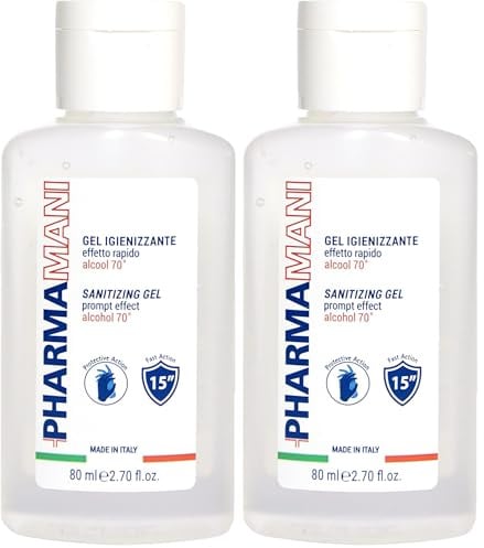 Pharmamani GEL IGIENIZZANTE MANI TASCABILE da 80 ml. 70% Alcool, Effetto Rapido, Non appiccica. Si assorbe subito. Idrata le mani. Profumo gradevole, Dermatologicamente Testato. (Confezione da 2)
