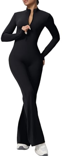 Kryodrphira Yoga Jumpsuit Women Long Sleeve Flared Unitard Zip Up Playsuit | All in One Gym Jumpsuits, Full Length Bodysuit, One Piece, V Neck Womens Jump Suits UK, for Sports Fitness Workout Daily Wear