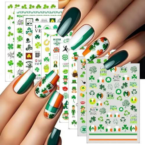 Lot de 10 autocollants pour ongles de la Saint-Patrick, trèfle vert, 3D, autocollants, à quatre feuilles, décoration d'ongles, drapeau de chapeau formel, porte-bonheur pour femme, design irlandais