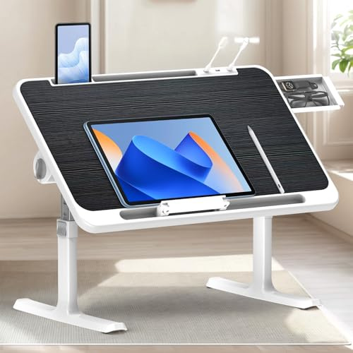 WoRaum Table de Lit Pliable à Hauteur Réglable - Bureau Portable avec Tiroir, LED & Ventilateur pour Canapé, Sol, Lit et Extérieur (Noir Brossé)